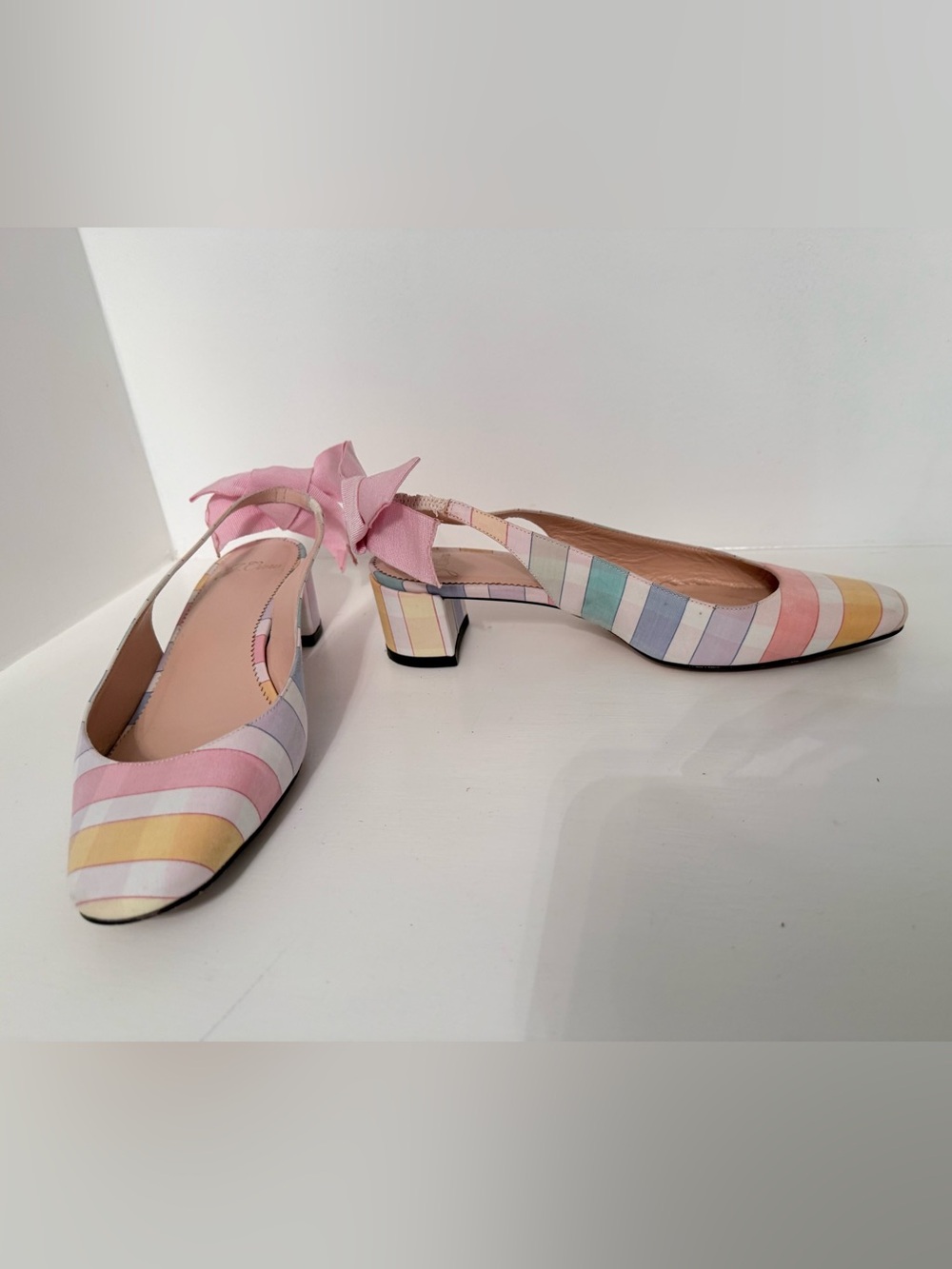 J. Crew Pastel Striped plaid Slingback Heels with Pink Bow Accent